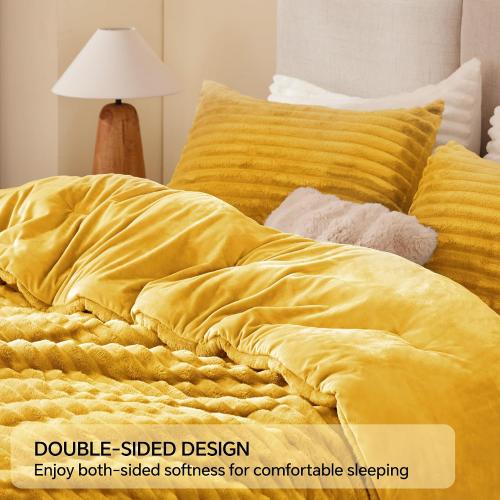 BEDELITE Fleece Queen Comforter Set -Super Soft & Warm Fluffy Mustard Yellow Bedding, Luxury Fuzzy Heavy Bed Set for Winter with 2 Pillow Cases