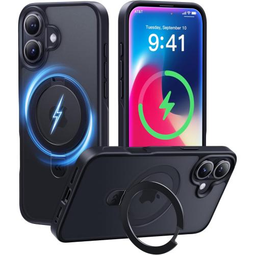 CASEKOO Ultra-Magnetic Stand for iPhone 16 Plus Case [Military Drop Protection] [Compatible with MagSafe] Shockproof Translucent Matte Slim Ring Holder Case for iPhone 16 Plus 6.7, Black