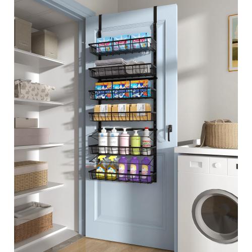 Over The Door Pantry Organizer, Pantry Storage and Organization, 6-Tier Adjustable Hanging Baskets, Metal Wall Mount Spice Rack Seasoning Shelves for Home & Kitchen, Laundry Bathroom - Black