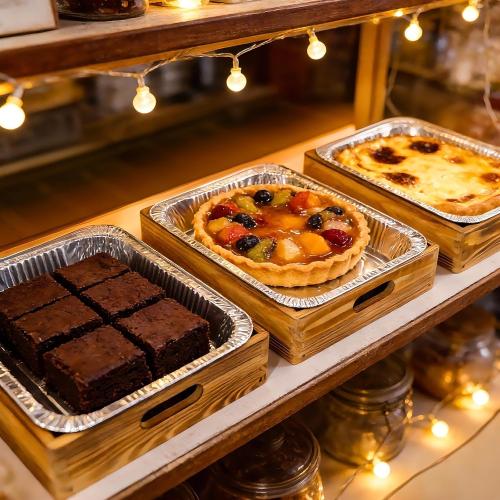Tnstbiee 3-Pack Wooden Holders for 9x13 Foil Pans - Includes 3 Disposable Aluminum Foil Pans - Rustic Handcrafted Food Carrier - Perfect for Parties, Catering & Home Kitchen - Foil Tray Display Stand‼️ 3 wooden trays & 3 foil plans included (1 foil pan bent on edge) ‼️