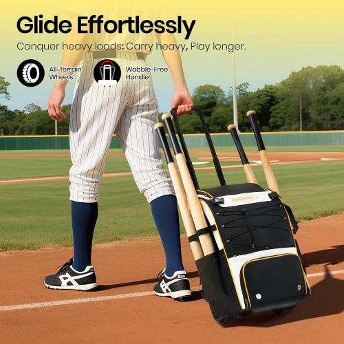 Fanwoli Leather Rolling Baseball Bag - Youth Softball Bag with Wheels for Boys Girls - Rain Cover & Mud Guard for Clean Car - Premium 4-Bat Tournament Roller - Large Equipment Organizer