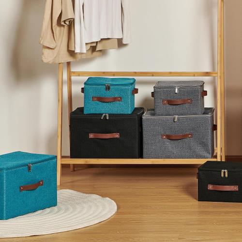 Storage Bins with Lid Fabric Storage Box Basket PU Leather Handle Textured Woven Cotton Linen Decorative Foldable Washable Shelf Closet Organizer Container (Flip-top Lid, Gray, Small)