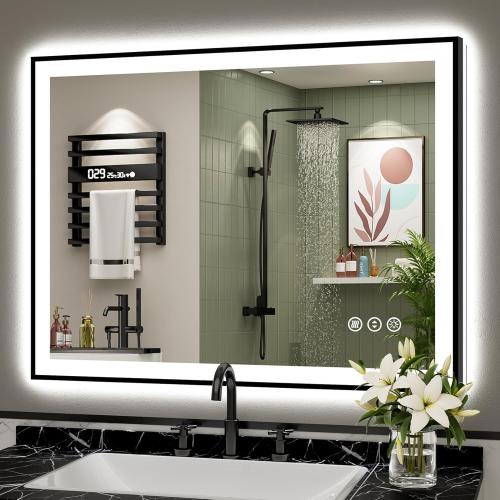 40x32 Black Framed LED Bathroom Mirror with Lights, Backlit and Front Lit Anti-Fog Lighted Vanity Mirrors for Bathroom Wall, Dimmable, 3 Colors, Memory, HD Tempered Glass, Horizontal/Vertical