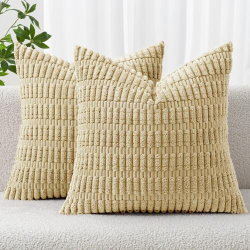 MIULEE Corduroy Decorative Throw Pillow Covers, Soft Boho Striped Pillow Covers Modern Farmhouse Home Decor for Sofa Living Room Couch Bed Beige