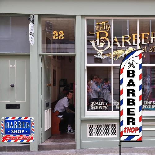 5 Pcs Barber Shop Sign 1 Pcs 7 ft Barber Flag with Pole Kit Double Sided Print Yard Sign with Metal Stakes Feather Windless Barbershop Flags for Outdoor Business Advertising