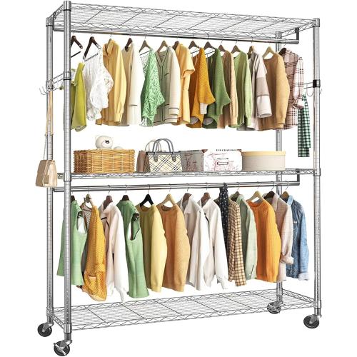 Simple Trending Clothing Garment Rack with 3 Tiers Storage Shelves, Heavy Duty Rolling Clothes Organizer Double Rods with Wheels for Hanging Clothes, Chrome