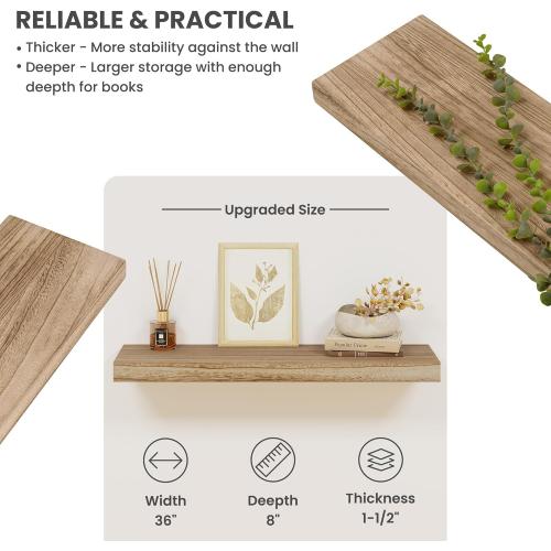 Solid Wood Floating Shelves for Wall 36W x 8D x 1.56H Set of 2, Deep Wall Shelves for Living Room Bedroom Bathroom Kitchen Decor Storage with Invisible Heavy-Duty Metal Bracket, Carbonized Black