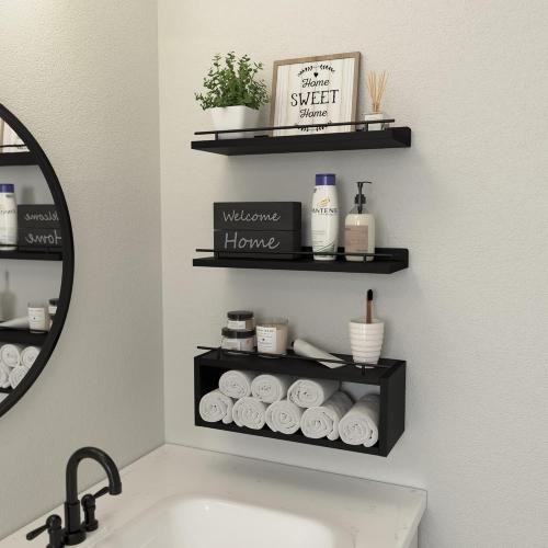 WOPITUES Floating Shelves for Wall with Cube Shelf, Wall Shelves with Metal Rail for Bathroom Decor, Bathroom Organizers and Storage, Over Toilet Shelves for Toilet Paper-Black