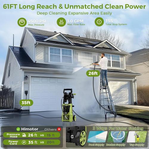GREEN AND BLACK Electric Pressure Washer - 4000PSI 2.8GPM Electric Power Washer with 35ft Cord 26ft Hose, High Pressure Washers Includes 5 Nozzles, Foam Cannon for Cars, Homes, Driveways