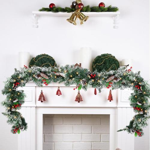 9ft Flocked Pre-Lit Artificial Christmas Garland,Christmas Tree Garland,Flocked Xma Tree Garland with Lights, Pine Cones, Red Berries, Branch Tips,Berry Clusters, Plug in