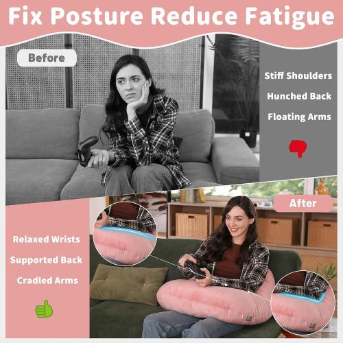 Ergonomic U-Shape Gaming & Lap Pillow - Crochet Pillow & Reading Support Pillow with Arm Relief, Comfort for Gamers, Crafters & Book Lovers (Pink)
