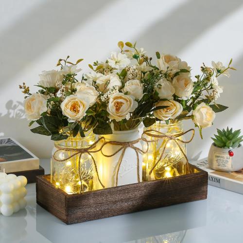 3 Pcs Mason Jar Centerpiece Table Decorations for Dining Table Decor Farmhouse Coffee Table Decor with Wood Tray and Led Light Table Centerpieces for Dining room Kitchen Living Bathroom,White