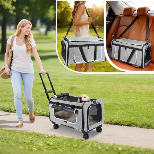 Pet Carrier with Wheels for Cats and Dogs, Pet Bag with Detachable Wheels & Washable Plush Pad, Escape-Proof Zipper & Shoulder Strap, Portable Carrier for Outdoor and Car Travel(Max. 40 lbs)