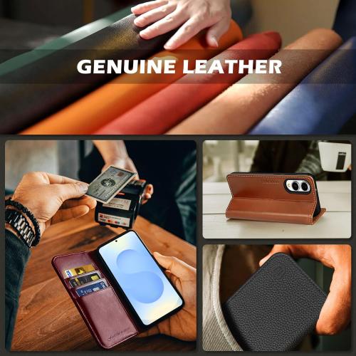 SHIELDON Wallet Case for Galaxy S25 Edge 6.7, Genuine Leather Folio Cover with Kickstand RFID Blocking Card Holder Magnetic Full Protective Case Compatible with Galaxy S25 Edge 2025 - Black