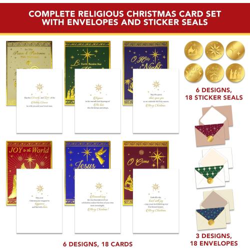 Decorably 18 Pack Gold Foil Embossed 5x7in Religious Christmas Cards with Envelopes & Stickers, 6 Elegant Holiday Designs Seasons Greetings for Friends & Loved Ones, Printed Message, Gifting, Mailing