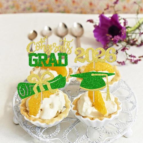 24 Pack Congrats 2026 Graduation Cupcake Toppers Glitter Grad Cap Diploma 2026 Senior Cake Pick for Class of 2026 Theme Party Cupcake Decoration Supplies Blue Green