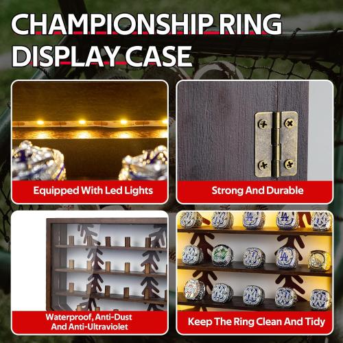 Championship Ring Display Case Display 25pcs Rings,Baseball Ring Display Case with LED Light,Wall Mount Wooden Shadow Box for Multiple Ring