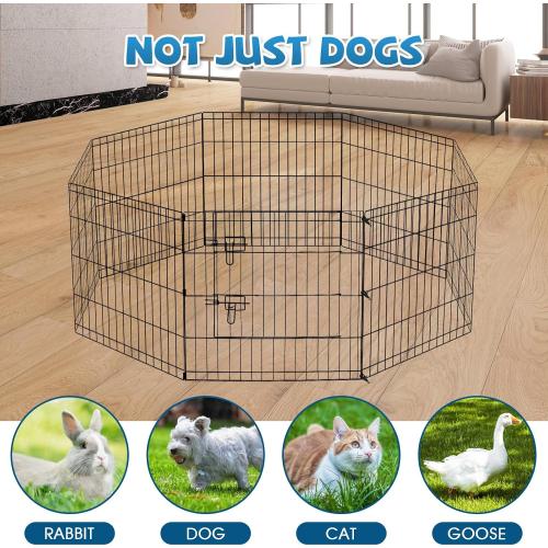 Dog Pen Pet Playpen Dog Fence Indoor Foldable Metal Wire Exercise Puppy Play Yard Pet Enclosure Indoor Outdoor 8 Panels 24 Inch with Bottom Pad/Top Cover (Black with top Cover)