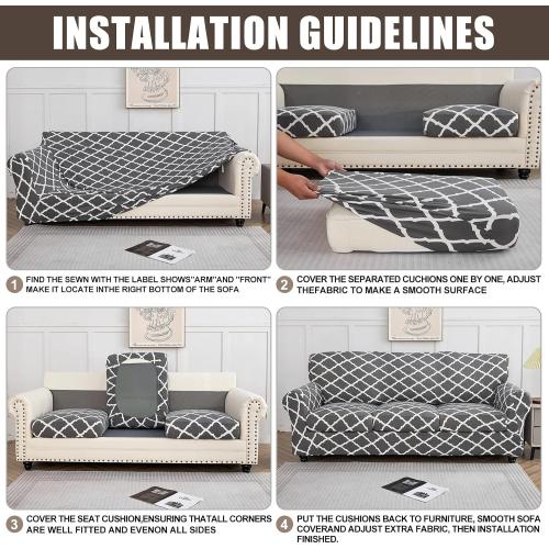 SearchI Stretch Sofa Cover Printed Couch Cover, Floral Pattern 4 Pieces Sofa Slipcover with 3 Separate Cushion Cover, Washable Furniture Protector for Living Room(Sofa, Grey Lotus White)