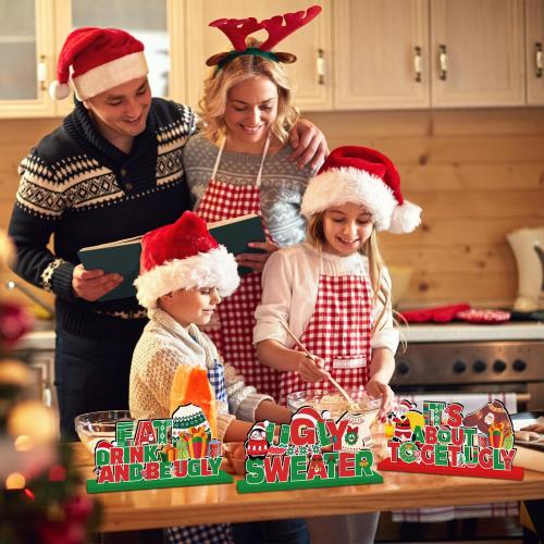 4Pcs Ugly Sweater Christmas Party Decorations Wooden Table Centerpiece Ugly Sweater Party Table Decorations Lets Get Ugly Tabletop Tiered Tray Decor for Holiday Xmas Party Supplies