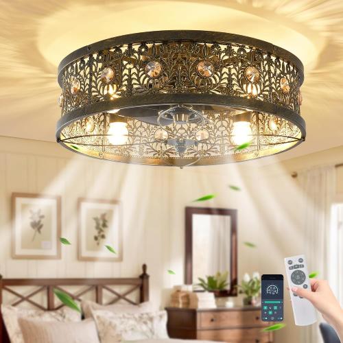 Garwarm 20 Caged Ceiling Fans with Lights, Low Profile Crystal Fandelier