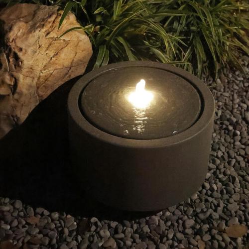 GREY 10.23” H Outdoor Water Fountain Made with Eco-Friendly Recyclable Materials, Polyethylene Round Bubbler Outdoor Fountain, Garden Decor with LED Light for Patio, Porch, Backyard