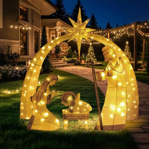 Christmas Decorations 55-inch Illuminated 2D Outdoor Nativity Scene, Christmas Arch Holy Family Yard Decoration, Includes LED Lights, Ground Pegs, and Cable Ties.