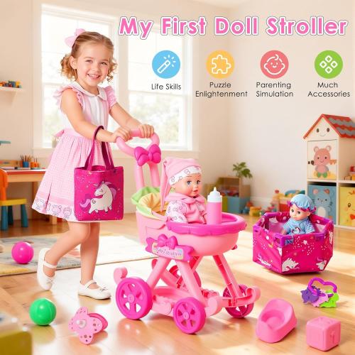 Baby Doll Stroller Toys Set, 17 PCS Baby Doll Accessories Stroller Toys with Baby Dolls,2 Sets Doll Clothes, Playpen, Handbag, Feeding Nursery Pretend Play Gifts for Girls Toddlers 3 4 5