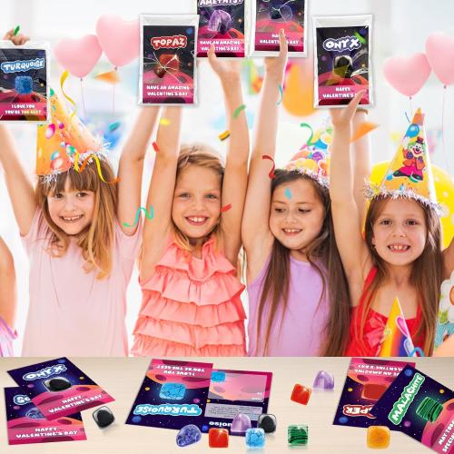 Valentine‘s Gifts for Kids, 28 Pack Valentines Cards with Rocks Bulk, Crystal Gems Minerals Rocks Collection Kit, Exchange Card for Girls Boys School Classroom Party Favors
