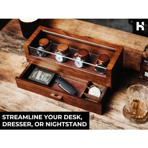 Holme & Hadfield 4 Slot Luxury Watch Display Case with Hinged Cover, Drawer