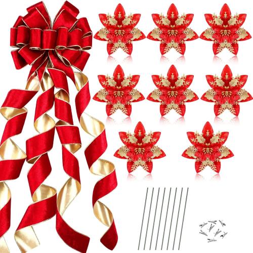 Dingion 48 x 13 Big Christmas Tree Topper Large Velvet Bow with Long Streamers Christmas Tree Ornaments with 8 Pcs 5.5 Inch Artificial Poinsettia Flowers Decorations for Xmas Decor(Red Golden)