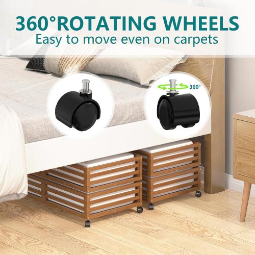 Bamboo Under Bed Storage Containers- Underbed Organizer with Wheels with Large Capacity Dust Bag,Sturdy Wood Rolling Under Bed Shoe Storage Organizer Drawer 2 Packs (Walnut, Long)