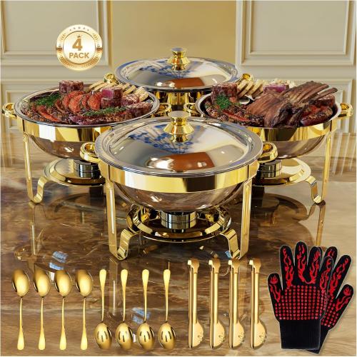 Round Chafing Dishes for Buffet 4 Pack, 6QT Chafers and Buffet Warmers Sets with 2 Heat-Proof Gloves, 4 Spoons, 4 Slotted Spoons & 4 Tongs, Gold Chafing Dishes for Buffet Parties Gatherings