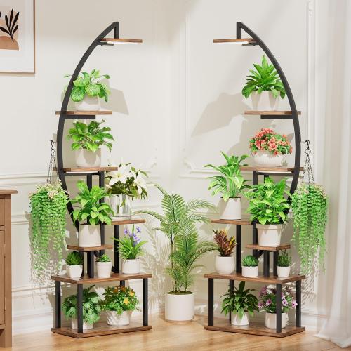 BACEKOLL Plant Stand with Grow Lights 2 Pack Tall Indoor Plant Shelf 64 | 7-Tier 2 Pack 64 Plant Stands, Grow Lights Dual-Head, 14 Potted Stands   2 Hangers, Half-Moon, Iron Frame, for Patio, Black