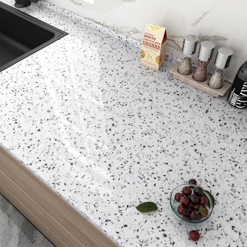LaCheery 160x36 Terrazzo Countertop Contact Paper for Countertops White Granite Contact Paper for Kitchen Counter Top Peel and Stick Waterproof Self Adhesive Wallpaper for Bathroom Quartz Desk Table