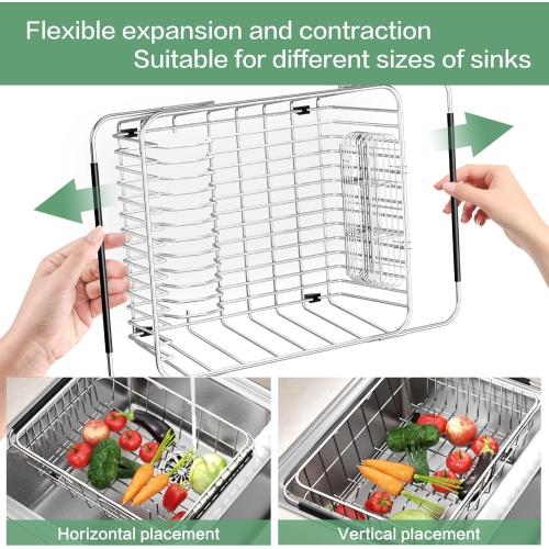 Large Sink Dish Drying Rack, Expandable 304 Stainless Steel Metal Dish Drainer Rack Organizer Shelves with Stainless Steel Utensil Holder Over Inside Sink, Rustproof