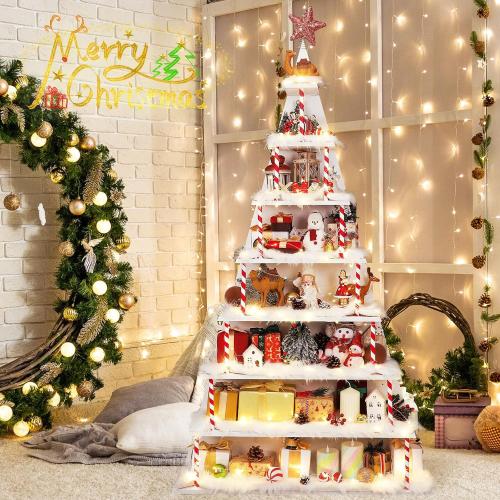 8 Tier Christmas Village Display Shelves 5.2ft Large Christmas Tree Corner Shelf a Shaped Bookcase with 8 Pcs Artificial Snow Blanket LED String Light Xmas Display Stand for Holiday