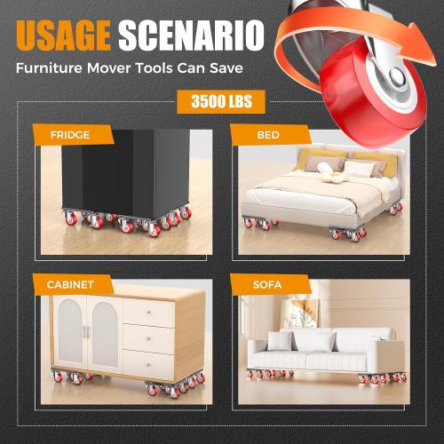 2000LBS Heavy Duty Furniture Dolly & Mover - 6.4 Carbon Steel Panel with 5X 360° Wheels, Non-Slip Sliders for Sofa, Piano, Appliances (Red)