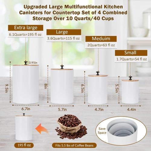 DD DEFINED DECO Kitchen Canisters for Countertop Set of 4,Textured Iron Kitchen Canisters with Airtight Lid &Labels,Marker Pen,White Iron Canister Set for Storage Containers for Coffee, Tea and Sugar