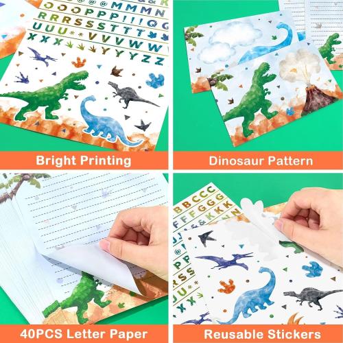 WERNNSAI Kids Stationery Set -72 PCS Dinosaur Boys Stationery Set Teens Dino Letter Writing Kit Dinosaur Letter Paper Set Stationery Writing Sheets with Envelopes School Gift Set