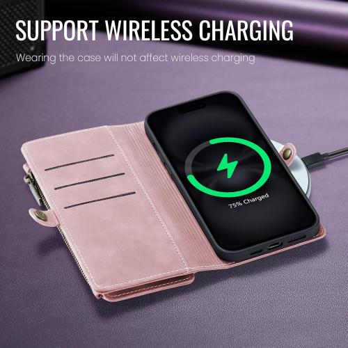 Defencase Compatible with iPhone 17 Case Wallet with RFID Blocking Card Holder for Women and Men, Fashion PU Leather Magnetic Snap Flip Zipper Strap Wallet Phone Case for iPhone 17 6.3, Rose Pink