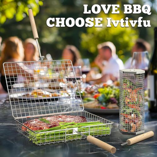 ivtivfu Grill Basket Set, Removable Wooden Handle, Rolling Grilling Tools | 304 Stainless Steel, Smoker BBQ Accessories for Vegetable Fish, Outdoor Cooking Camping, Birthday Gifts for Men Dad Husband