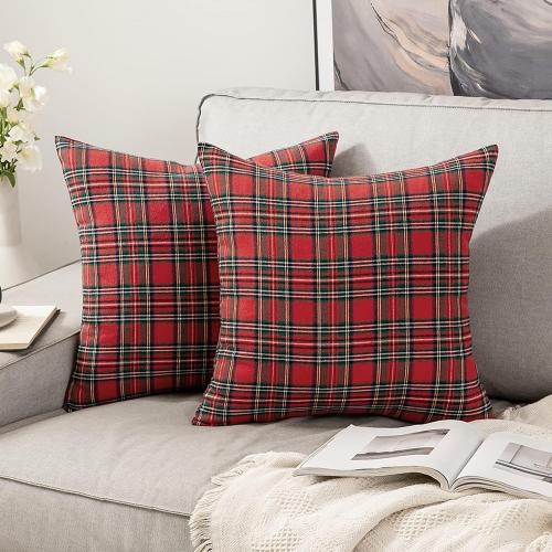 MIULEE Christmas Set of 2 Scottish Tartan Plaid Throw Pillow Covers Farmhouse Classic Decorative Outdoor Square Cushion Cases for Home Decor Sofa Couch 18x18 Inch, Red