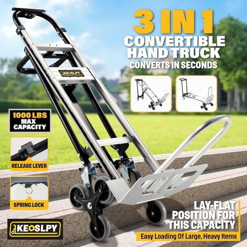 3 in 1 Convertible Hand Truck 1000 LBS Capacity, Industrial Heavy Duty Hand Truck Dolly Cart, Aluminum Stair Climbing Utility Trolley Platform Cart with Wheels for Transport & Moving