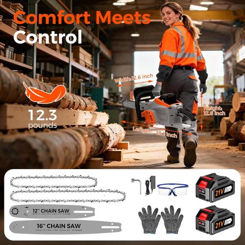 Battery Powered Chainsaw 16 inch,Electric Cordless Chainsaw with 2 Batteries and Charger.Brushless Chain Saw with 12-inch Replacement Guide Bar and Chain.Perfect for Tree Trimming and Wood Cutting