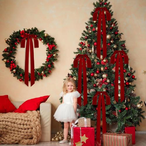Aneco 6 Pieces Large Burgundy Velvet Christmas Bows 35 x 16 Inch Christmas Swag Bow Pre Tied Fence Staircase Wreath Bows Holiday Tree Topper for Xmas Home Door Outdoor Decorations