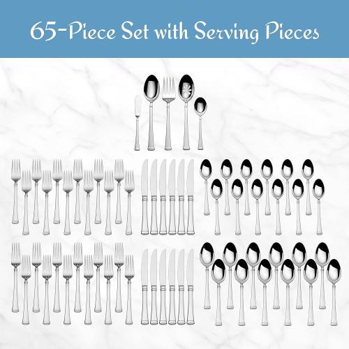 Mikasa Harmony 65-Piece 18/10 Stainless Steel Flatware Set, Service for 12, Polished Silverware with Serving Utensils, Dishwasher Safe