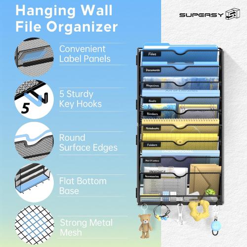 SUPEASY 10-Tier Wall File Organizer with Hooks, Hanging File Organizer