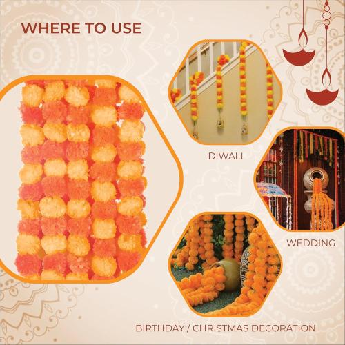 AVADOR® Set of 5 Artificial Flower Garland Strings for Special Occasions | Home Puja | Home Decor | Diwali Decor | House Warmings | Indian Wedding Celebration (Mango Yellow and Orange D 20)