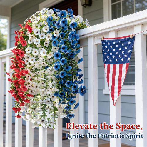 Lewondr 4th of July Artificial Hanging Flowers Plants for Outdoor, 3 PCS | Faux Silk Memorial Day Plants, 30'' Red White Blue UV-Resistant Flower, for Independence Veterans Porch Patio Yard Decor